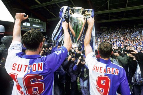 14/05/95 FA Premiership Liverpool v Blackburn Rovers Alan Shearer and Chris Sutton hold aloft the Premiership Cup Credit: Offside Sports Photography / Mark Leech