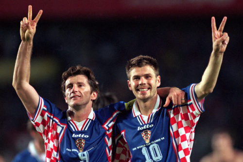 Croatia's Davor Suker (left) and Zvonimir Boban (right) celebrate at the end of the match